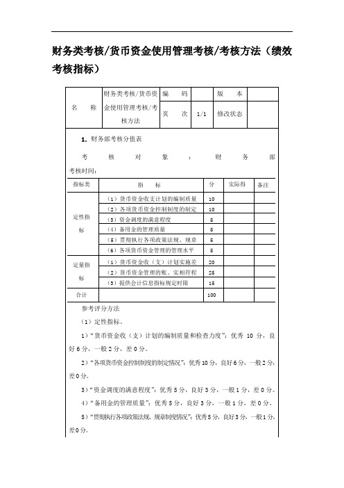 财务类考核货币资金使用管理考核考核方法(绩效考核指标)