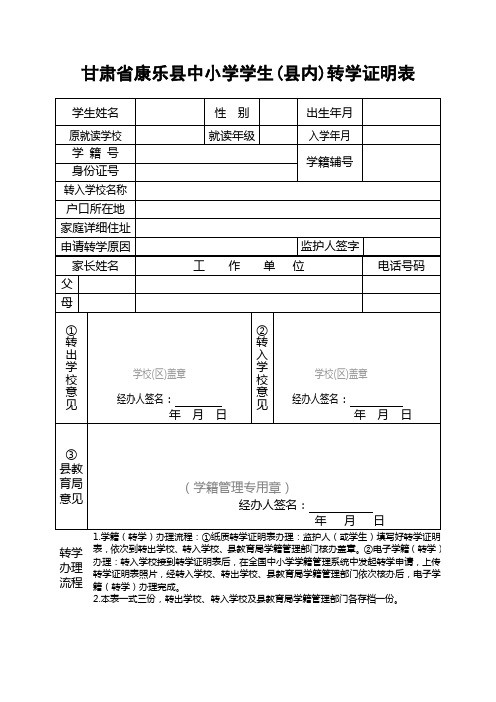 甘肃省康乐县中小学学生(县内)转学证明表