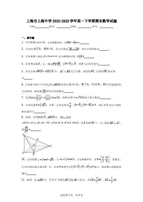 上海市上海中学2022-2023学年高一下学期期末数学试题及答案