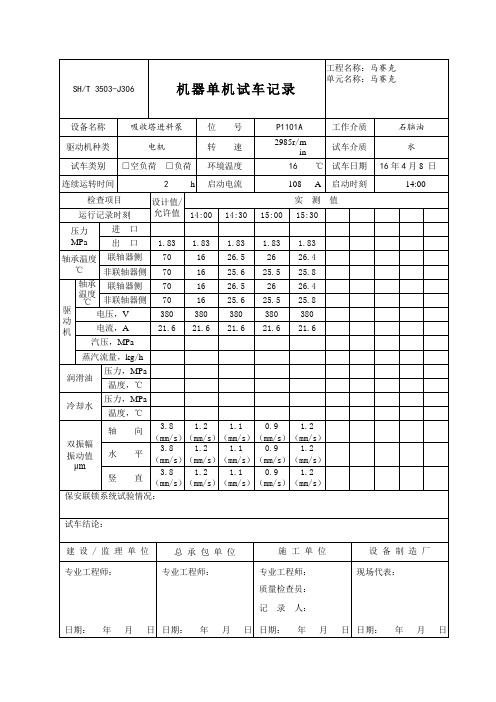 SHT 3503-J306机器单试记录(机泵、完整填写版)