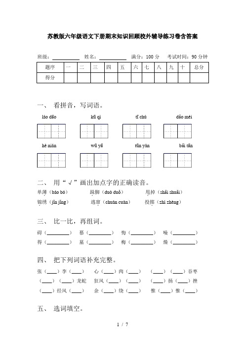 苏教版六年级语文下册期末知识回顾校外辅导练习卷含答案