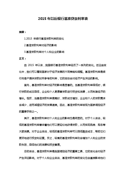 2015年以后银行基准贷款利率表