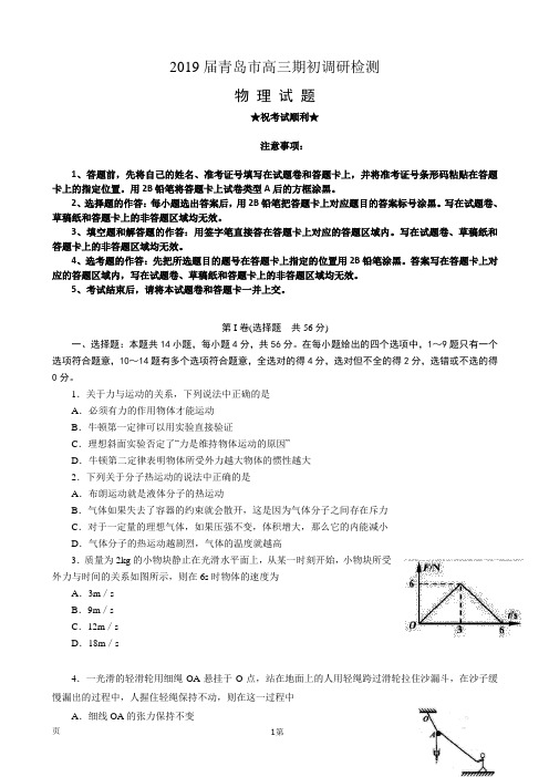 2019届山东省青岛市高三9月期初调研检测物理试题