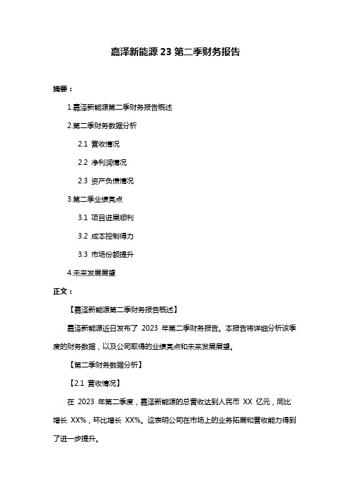 嘉泽新能源23第二季财务报告