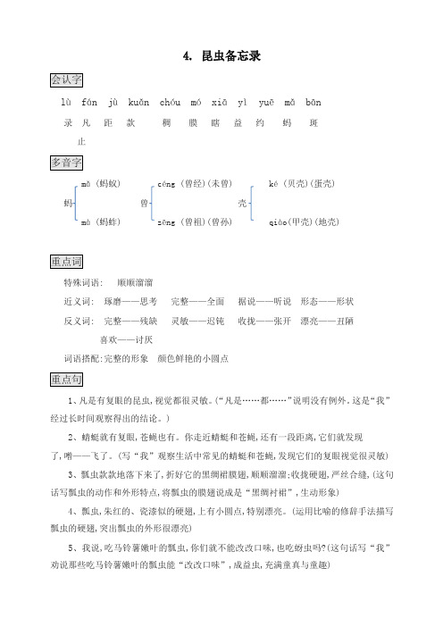 (2019年最新)统编版三年级语文下册知识点总结课堂笔记4.昆虫备忘录