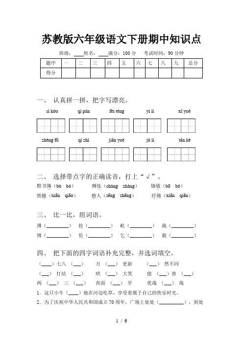 苏教版六年级语文下册期中知识点