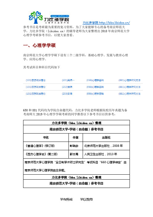 2019年南京师范大学心理学考研参考书目