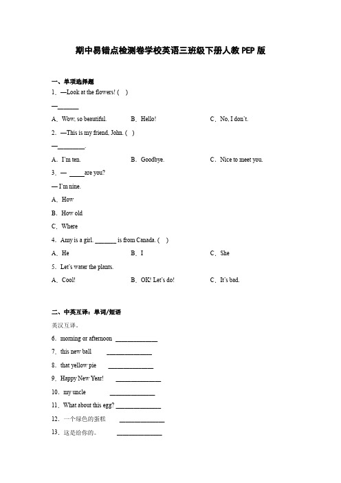 期中易错点检测卷-小学英语三年级下册人教PEP版