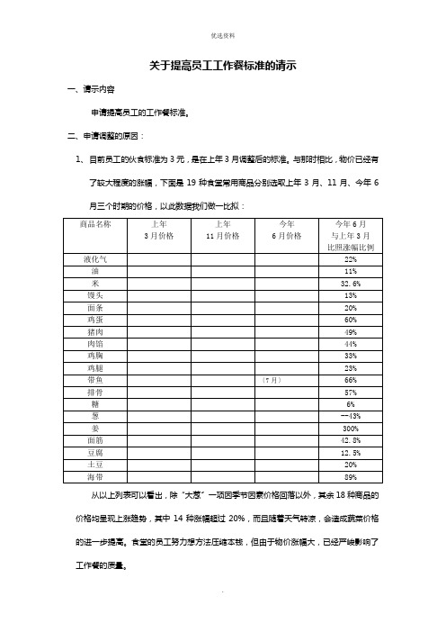 关于提高员工工作餐标准的请示