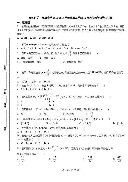 新华区第一高级中学2018-2019学年高三上学期11月月考数学试卷含答案