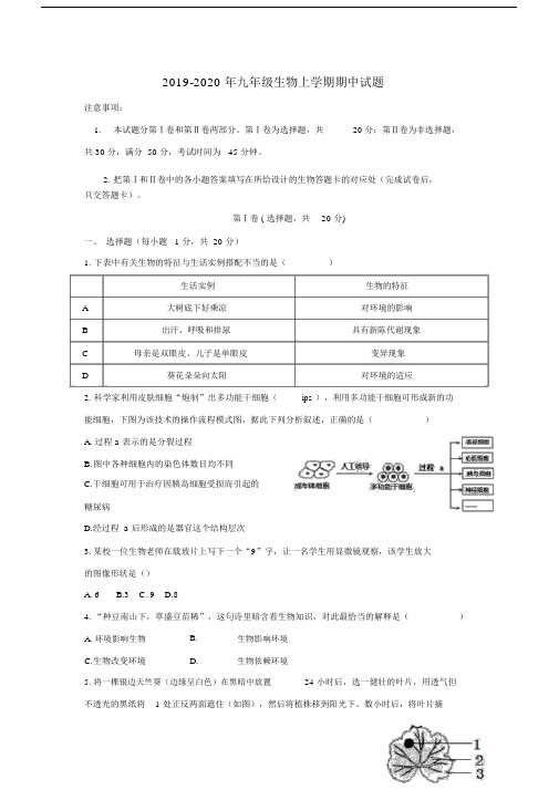 2019-2020年九年级生物上学期期中试题.docx