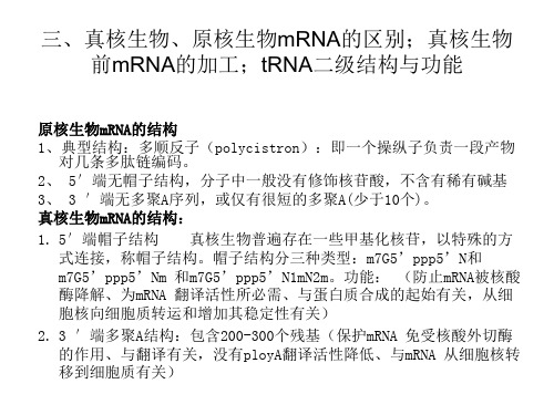 三、真核生物、原核生物mRNA的区别;真核生物前mRNA的加工;tRNA二级结构与功能