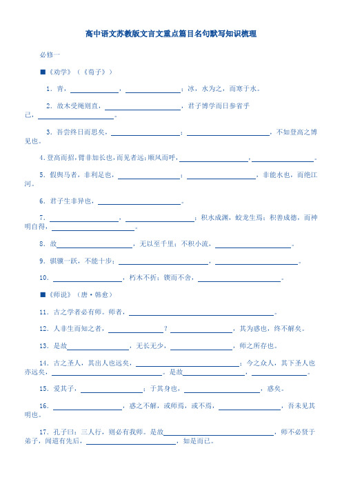 高中语文苏教版文言文重点篇目名句默写知识梳理