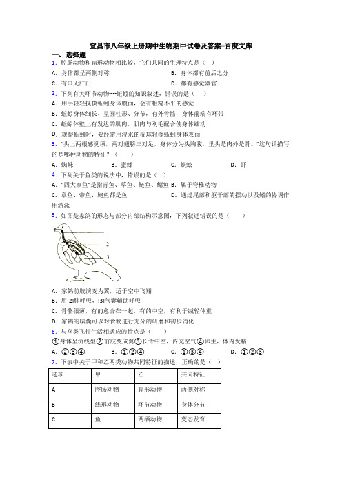 宜昌市八年级上册期中生物期中试卷及答案-百度文库