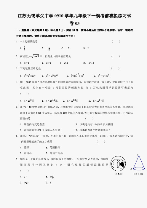 江苏无锡羊尖中学0910学年九年级下一模考前模拟练习试卷03