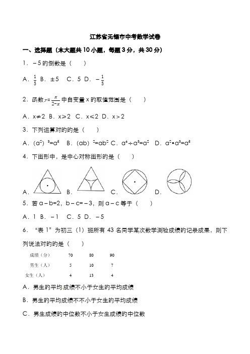 2022年中考真题精品解析数学(江苏无锡卷)(含答案)