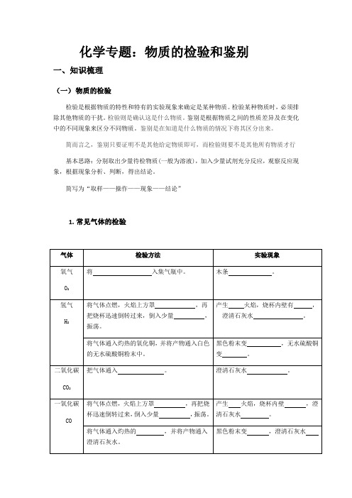 沪教版中考化学专题复习 专题05 物质的检验和鉴别 导学案 （学生版教师版 ）