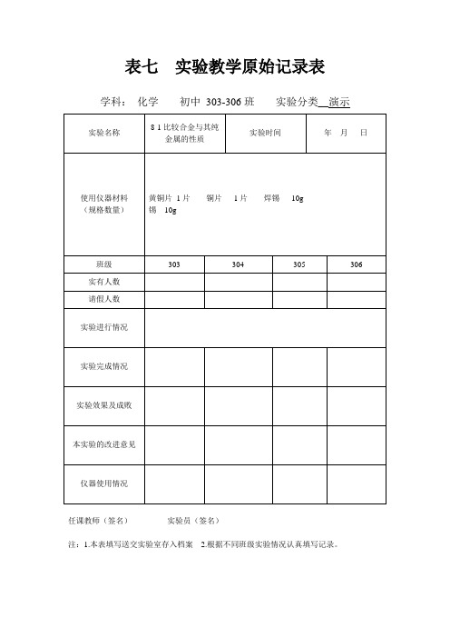 初中化学下册实验原始记录