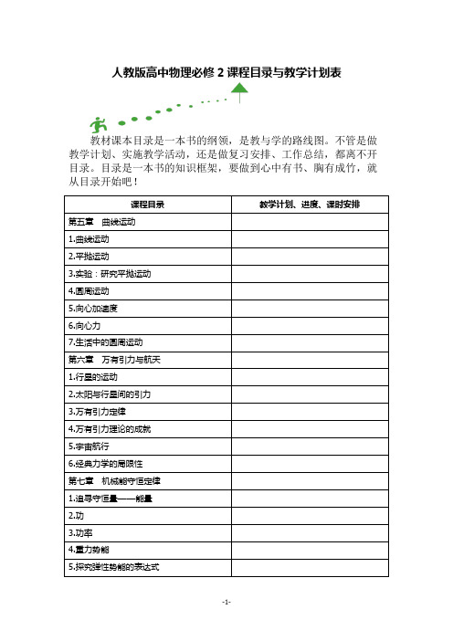 人教版高中物理必修2课程目录与教学计划表