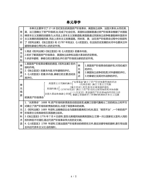 九年级历史上册：第二单元欧美资产阶级革命教案