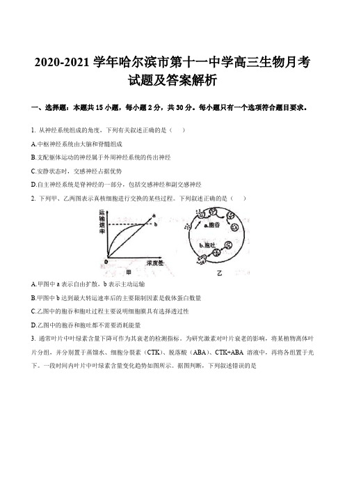 2020-2021学年哈尔滨市第十一中学高三生物月考试题及答案解析