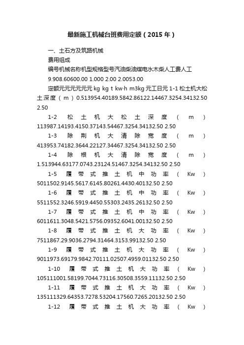 最新施工机械台班费用定额（2015年）