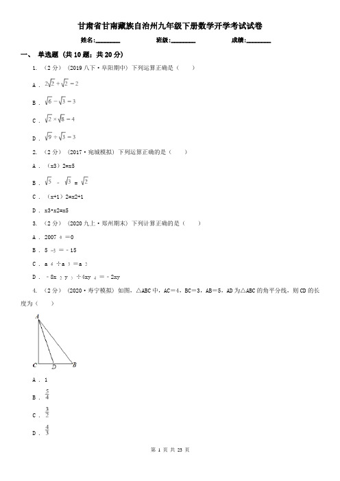 甘肃省甘南藏族自治州九年级下册数学开学考试试卷