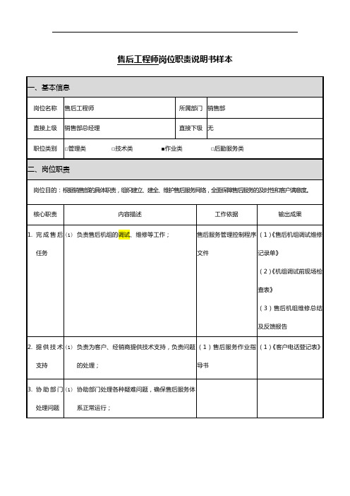 售后工程师岗位职责说明书样本