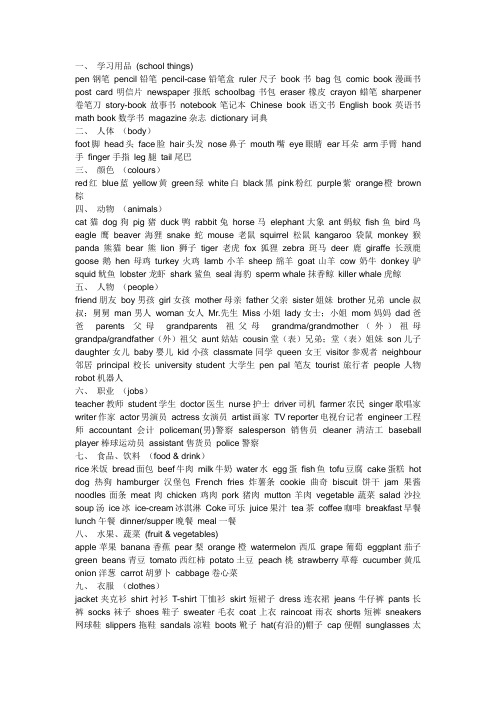 英语单词分类,动物,颜色,身体,衣服,食物,水果,季节,前24个数字