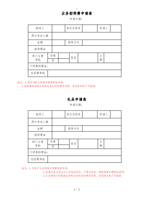 招待费申请表及礼品申请表