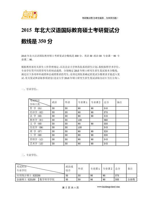 2015年北大汉语国际教育硕士考研复试分数线是350分