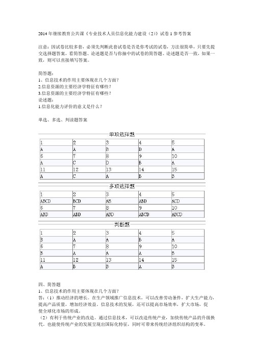 2014年继续教育公共课《专业技术人员信息化能力建设(2)》试卷1参考答案