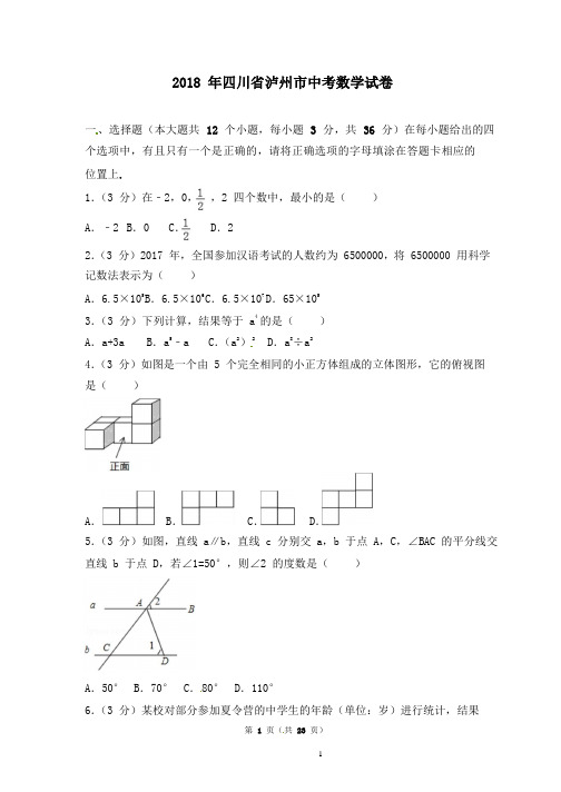 四川省泸州市2018年中考数学试题(含答案)