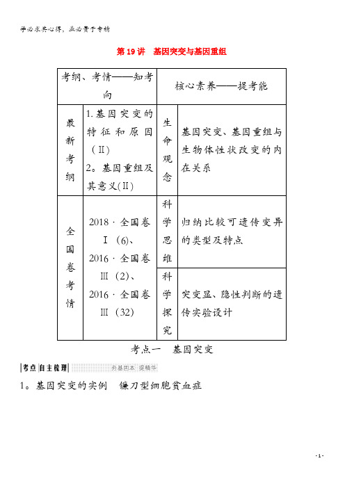 2020版高考生物总复习 第七单元 第19讲 基因突变与基因重组教案 必修2