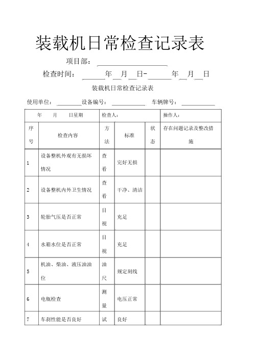 装载机日常检查表