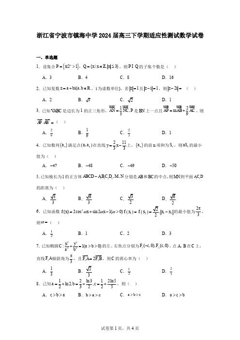 浙江省宁波市镇海中学2024届高三下学期适应性测试数学试卷