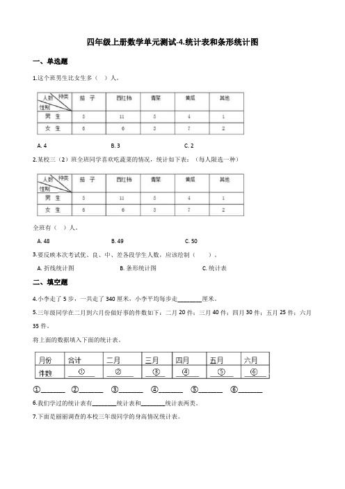 四年级上册数学单元测试-4.统计表和条形统计图 苏教版 (含解析)