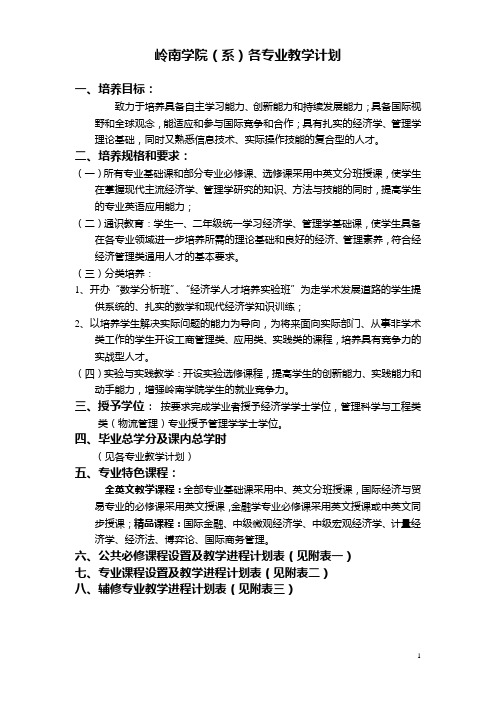 岭南学院系各专业教学计划