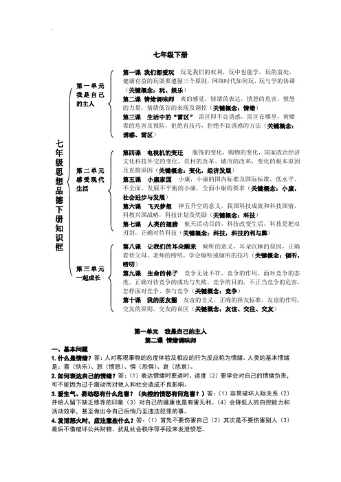 人民版七年级政治下册复习：第2课-情绪调味师(含答案)