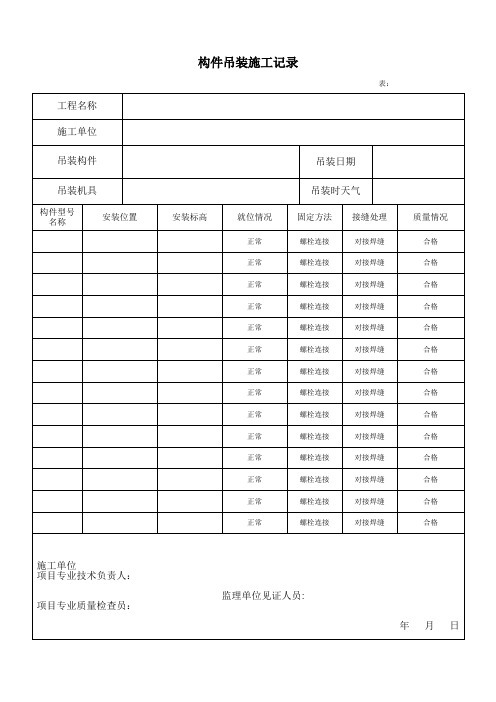 构件吊装施工记录【范本模板】