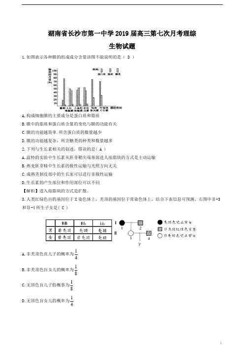 湖南省长沙市第一中学2019届高三第七次月考理综生物试题