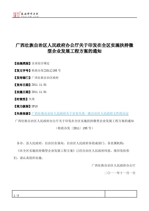 广西壮族自治区人民政府办公厅关于印发在全区实施扶持微型企业发