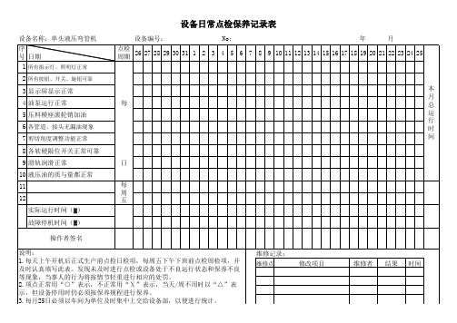 单头液压弯管机日常点检保养记录表