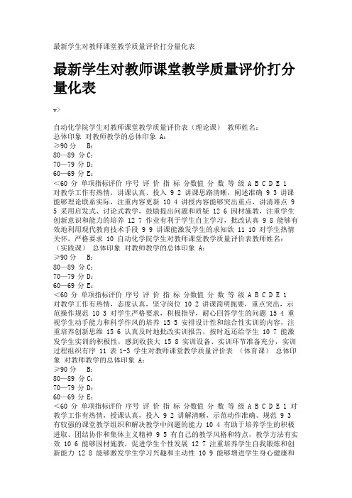 最新学生对教师课堂教学质量评价打分量化表