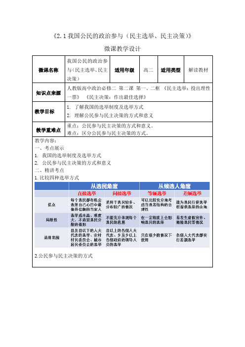 高二政治必修2第2课第1课时 我国公民的政治参与(民主选举民主决策)