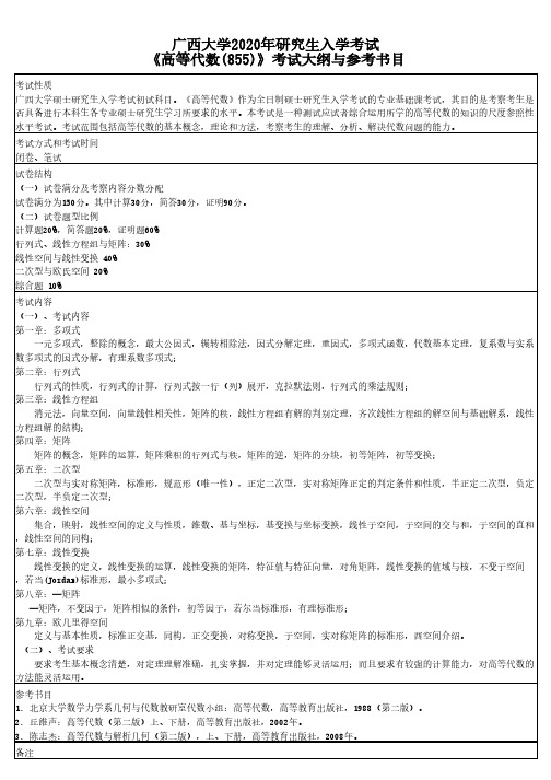 广西大学855高等代数2020年考研专业课初试大纲