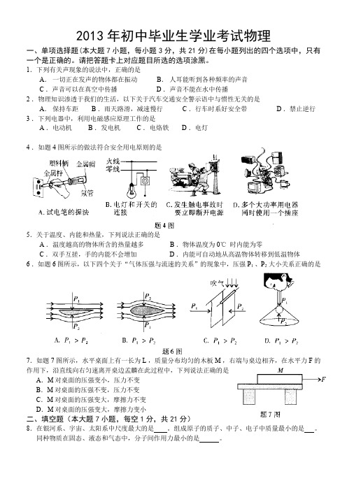 2013物理 初中毕业生学业考试