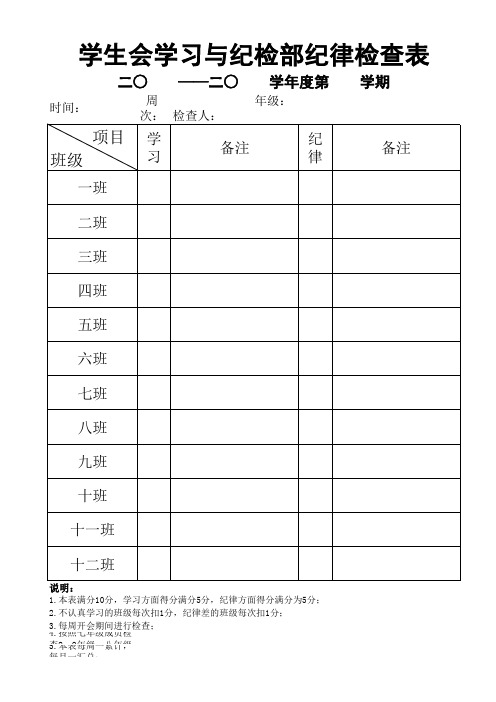 学生会学习与纪检部纪律检查表