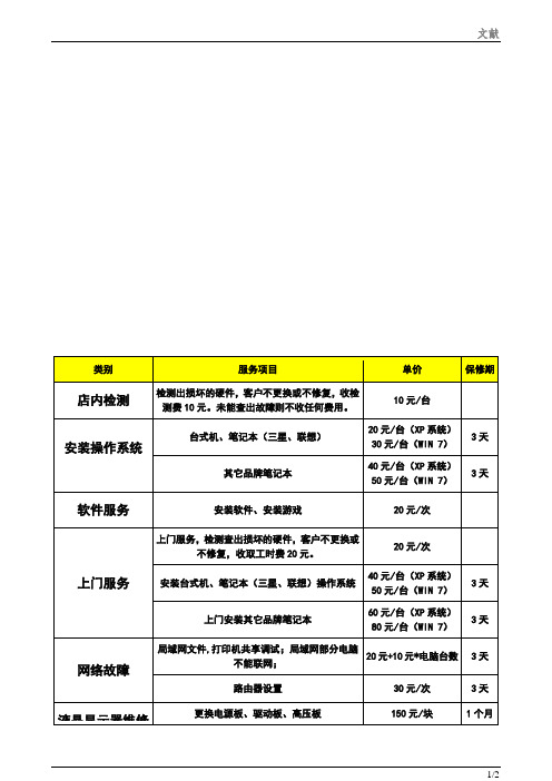 信为电脑维修收费标准