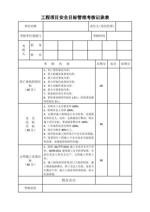 工程项目安全目标管理考核记录表